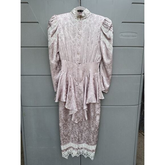 VTG JESSICA McCLINTOCK Pink Silk Lace Prairie Dress High Neck Victorian Cottage - Picture 13 of 16